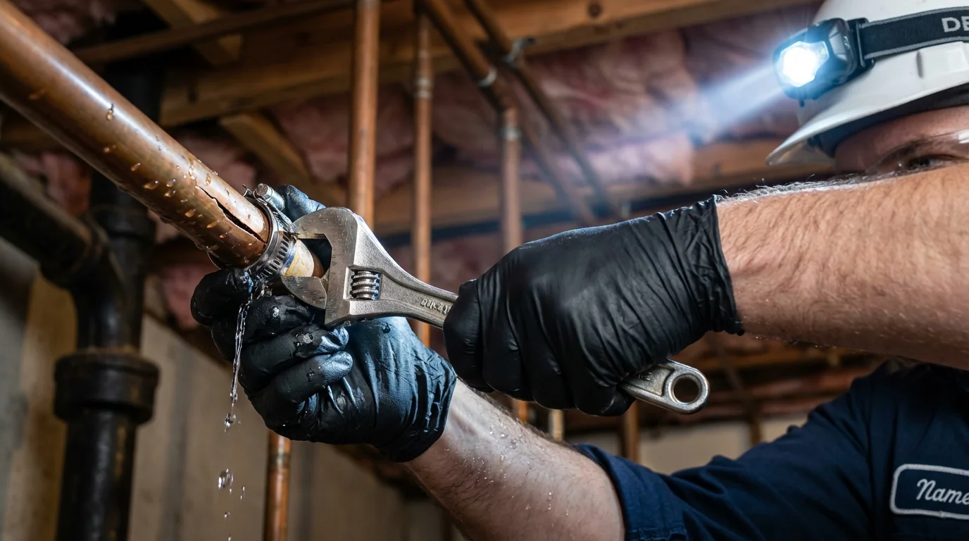 Emergency pipe clamp repair being performed by a Johns Plumbing LLC plumber in Billings
